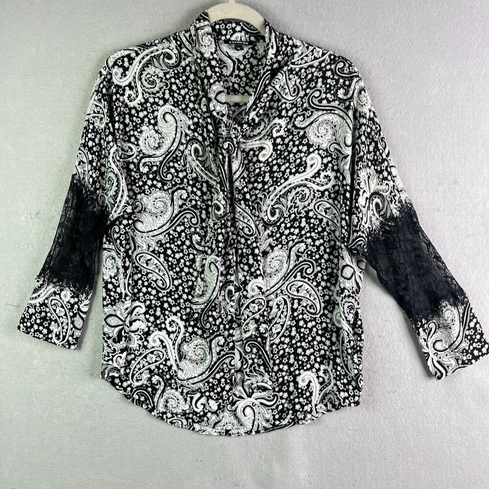 EXPRESS Shirt Women XS Paisley Black White Button Up Lace Long Sleeve Blouse Top